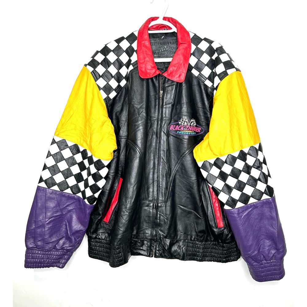 Vintage 90s Leather Patchwork Colorblock Racing Checkered Jacket Mens Unisex XL